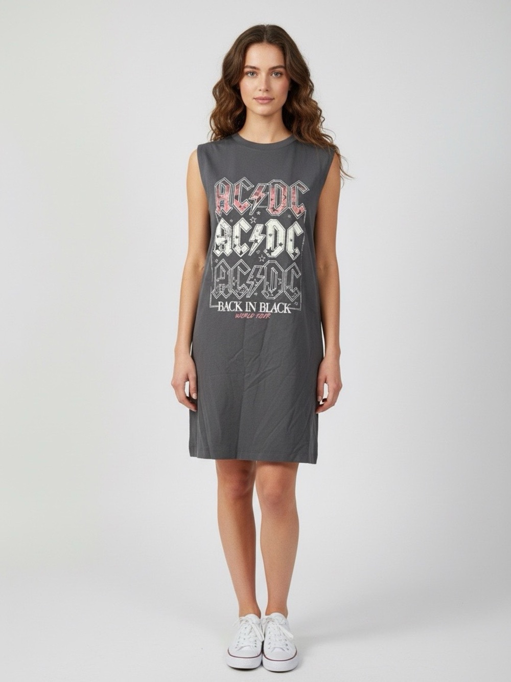 Maurices AC/DC Charcoal Graphic Tee Dress with Red & White Accents